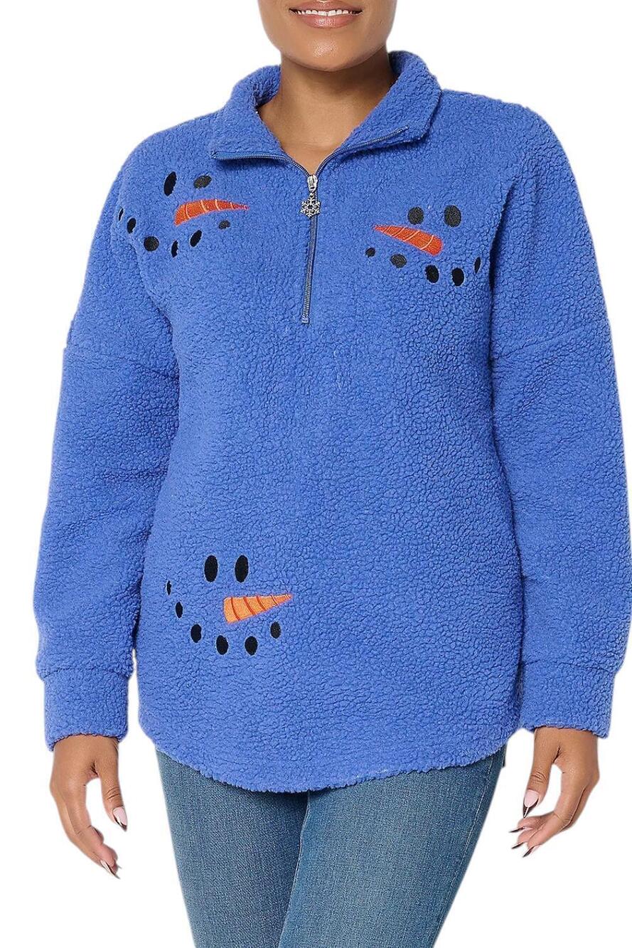 Quacker Factory Women's Sherpa Snowman Smiles Half Zip Sweater Blue - Regular